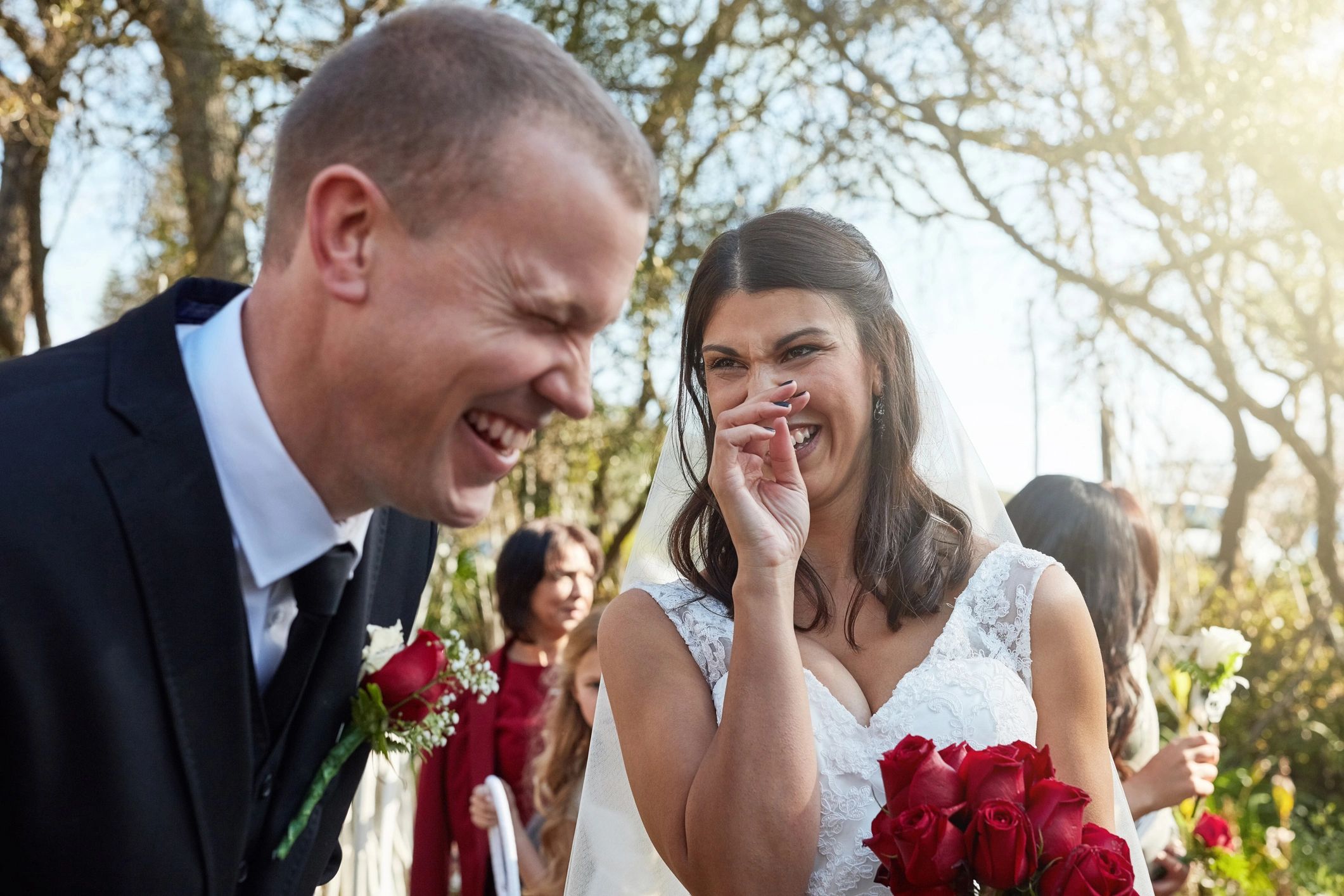 Wedding couple outdoors on their wedding day